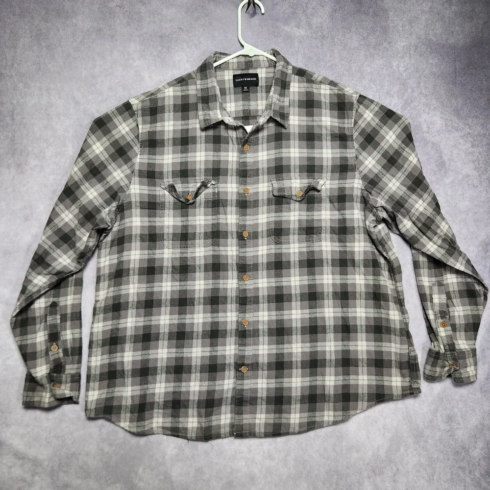 Lucky Brand Mens XXL Gray Plaid Flannel Button Down Shirt Cotton Long Sleeve